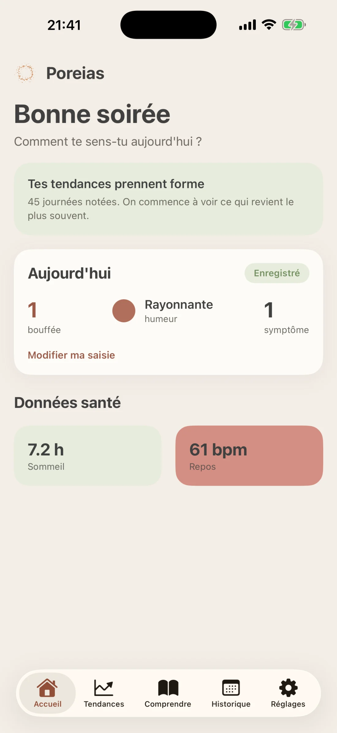 Écran d’accueil de Poreias : tes tendances qui prennent forme, ta journée enregistrée et tes données santé.